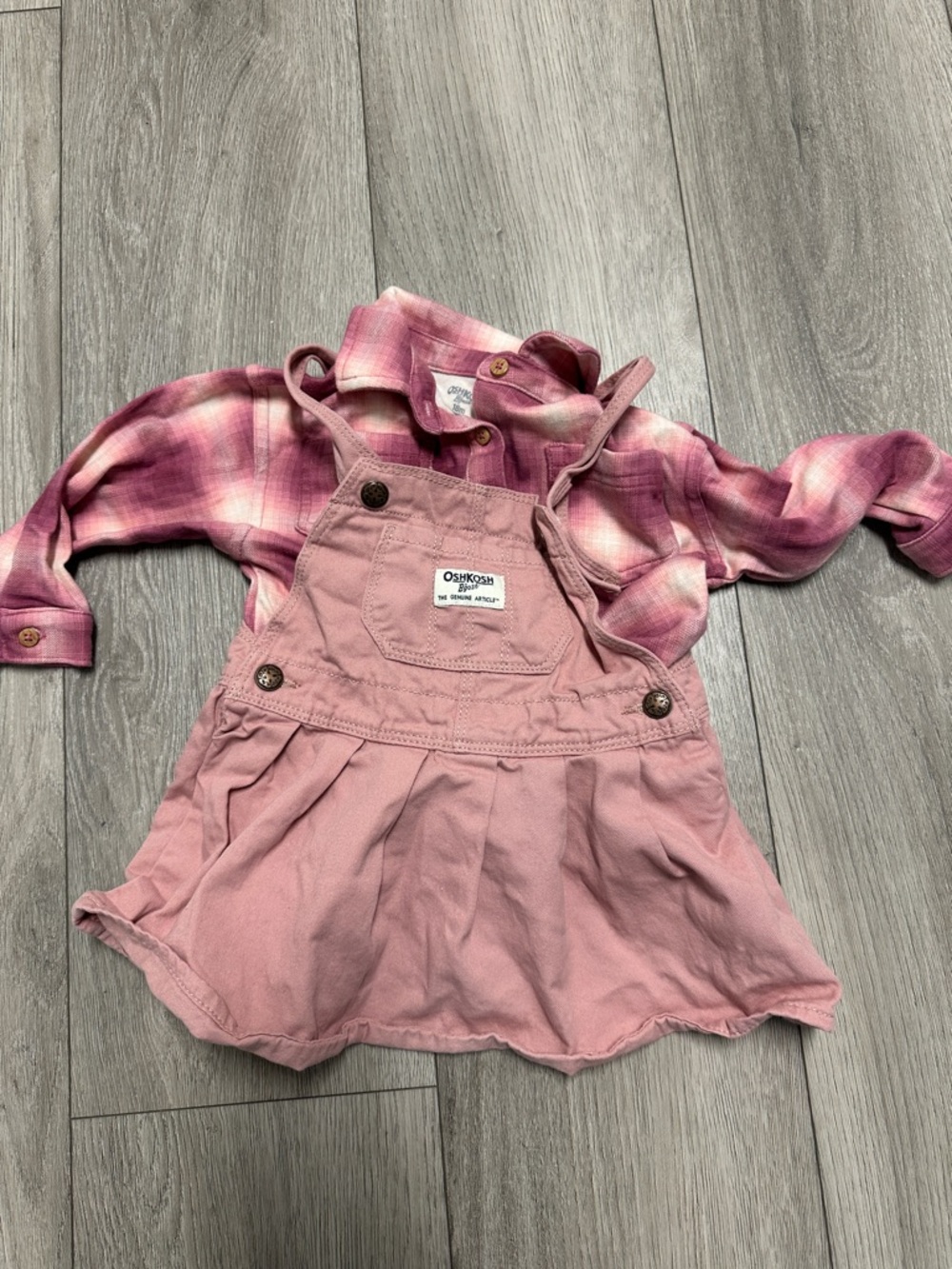 OshKosh B'gosh Pink Layered Plaid Shirt with Pink Overall Dress